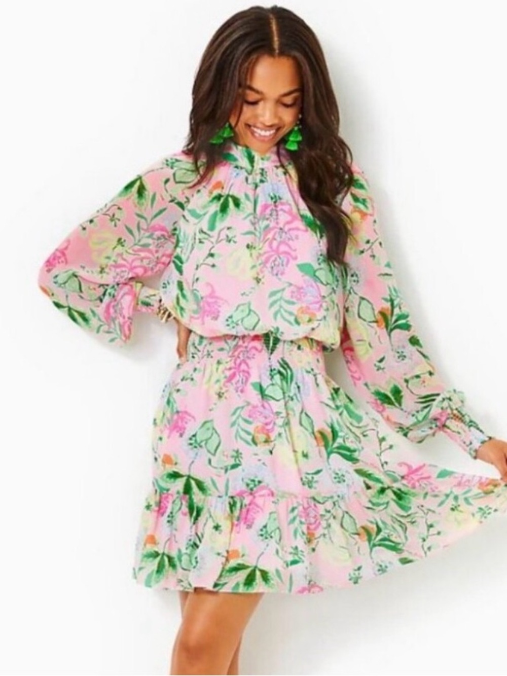 Lilly Pulitzer Ellielynn Long Sleeve Floral smocked mini Dress size 8